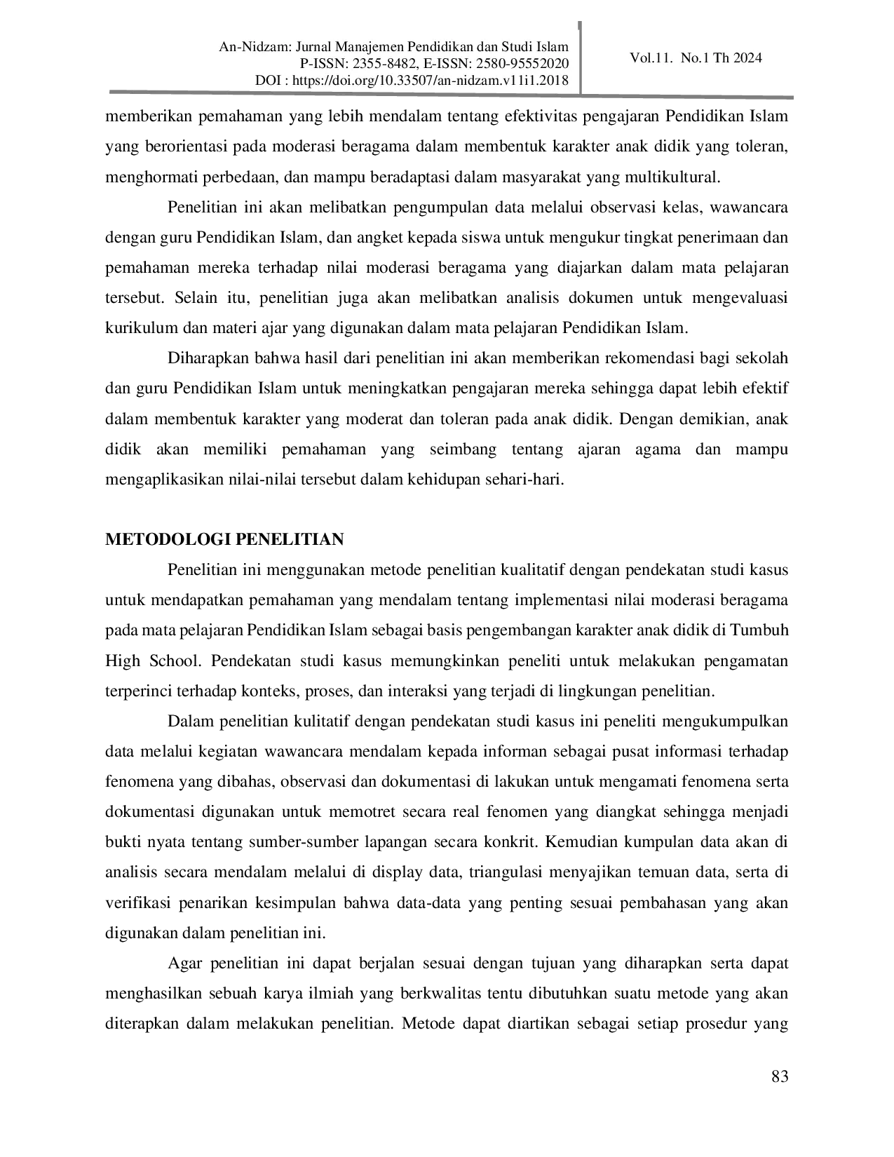 JURIS Implementasi Nilai Moderasi Beragama pada Mata Pelajaran Pendidikan Islam Sebagai Basis Pengembangan Karakter Anak didik di Tumbuh High School