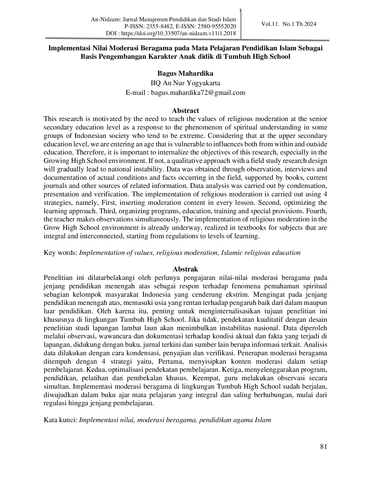 JURIS Implementasi Nilai Moderasi Beragama pada Mata Pelajaran Pendidikan Islam Sebagai Basis Pengembangan Karakter Anak didik di Tumbuh High School