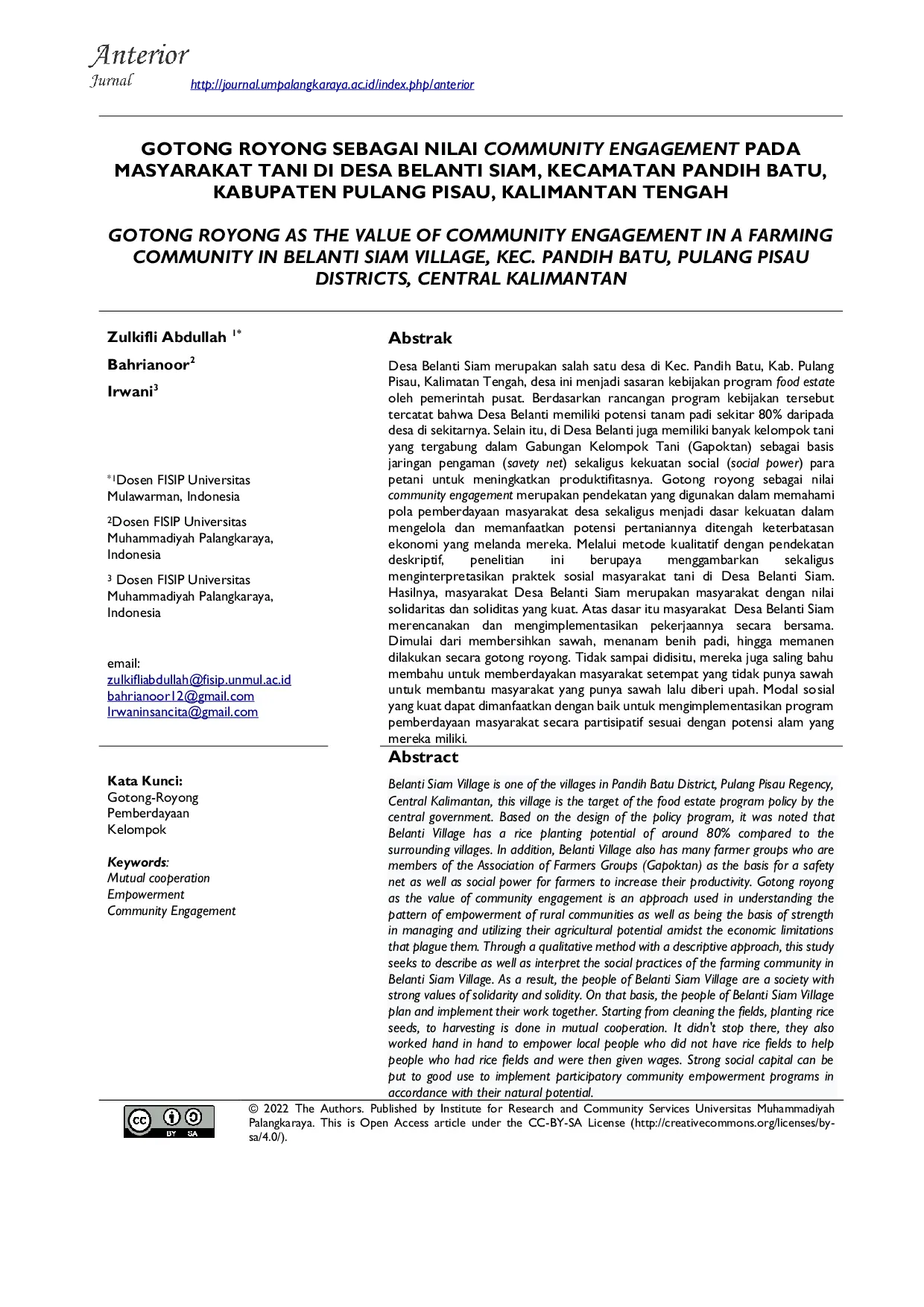 JURIS Gotong Royong Sebagai Nilai Community Engagement Pada Masyarakat Tani Di Desa Belanti Siam Kecamatan Pandih Batu Kabupaten Pulang Pisau Kalimantan Tengah