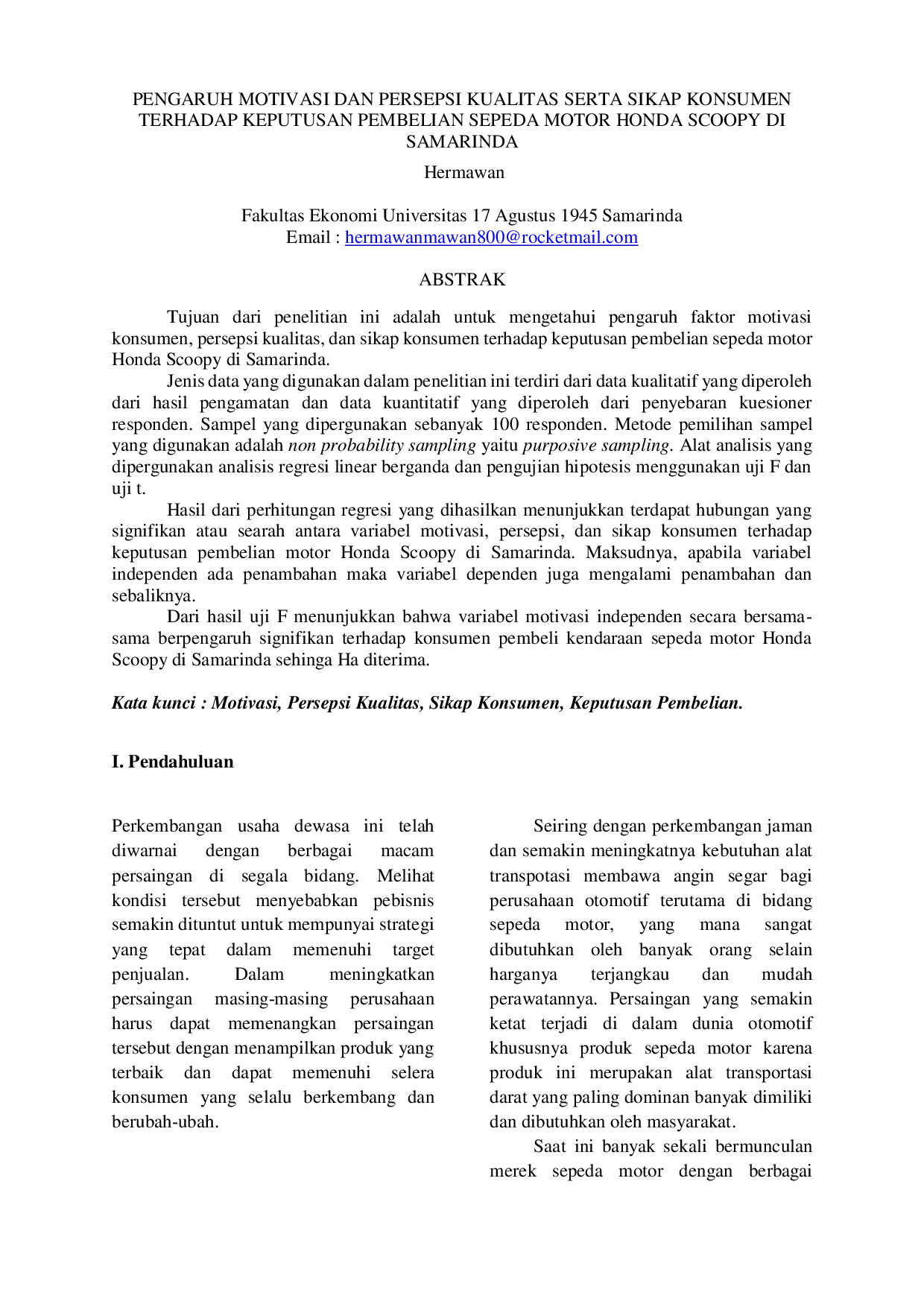 JURIS The Influence of Motivation and Perception of Quality and Consumer Attitude on the Purchase Decision of Honda Scoopy Motor in Samarinda