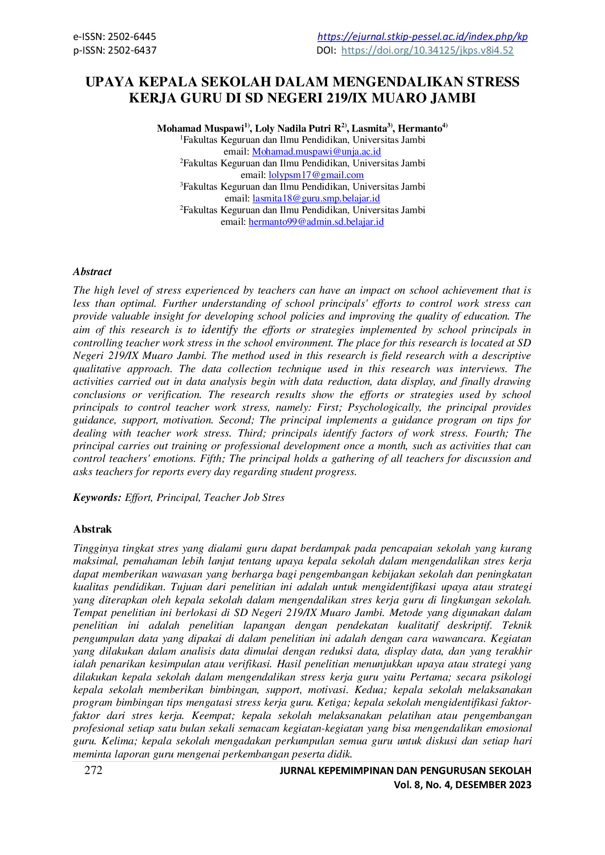 juris Upaya Kepala Sekolah dalam Mengendalikan Stress Kerja Guru di SD Negeri 219 IX Muaro Jambi