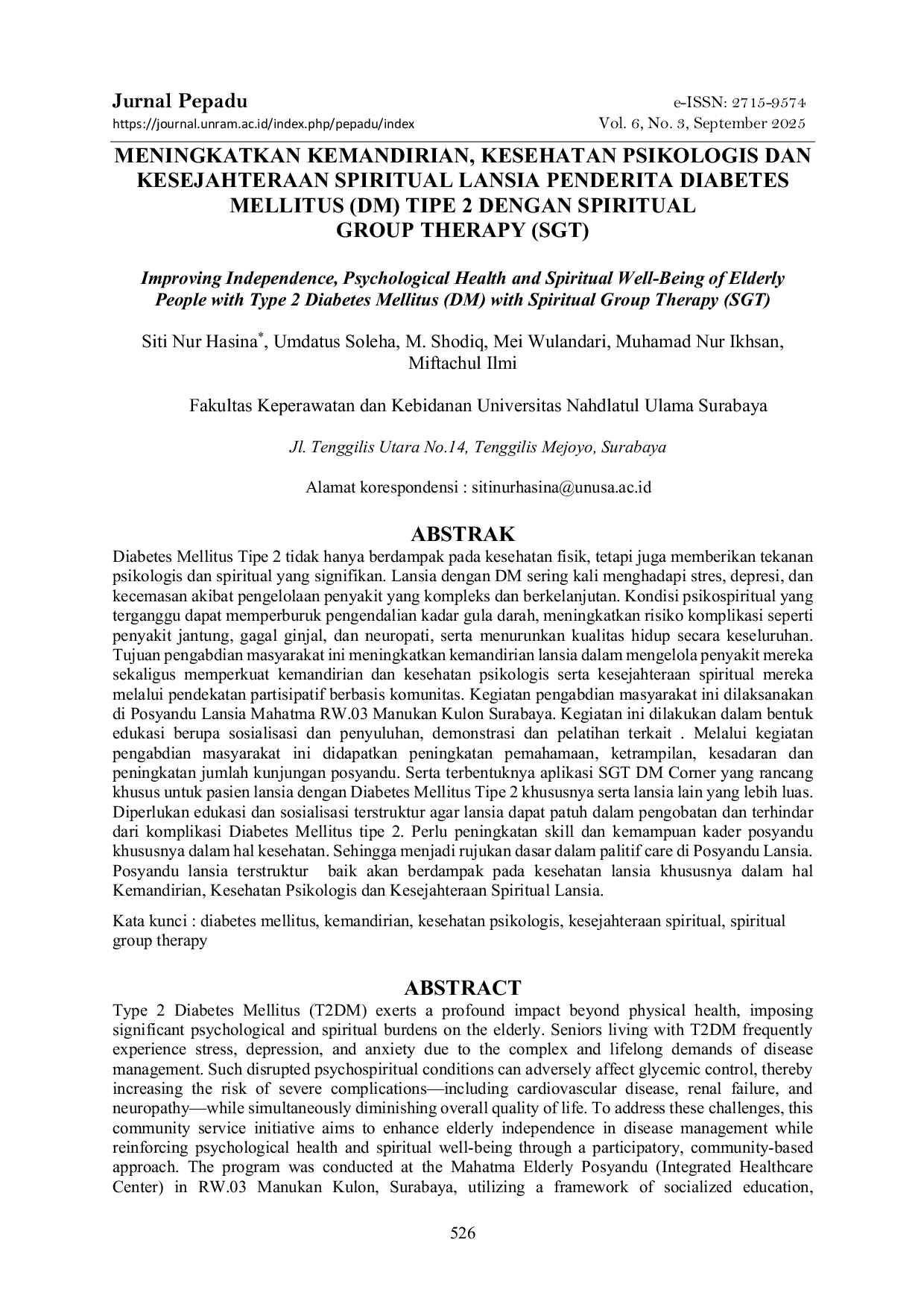 JURIS Meningkatkan Kemandirian Kesehatan Psikologis dan Kesejahteraan Spiritual Lansia Penderita Diabetes Mellitus DM Tipe 2 dengan Spiritual Group Therapy SGT