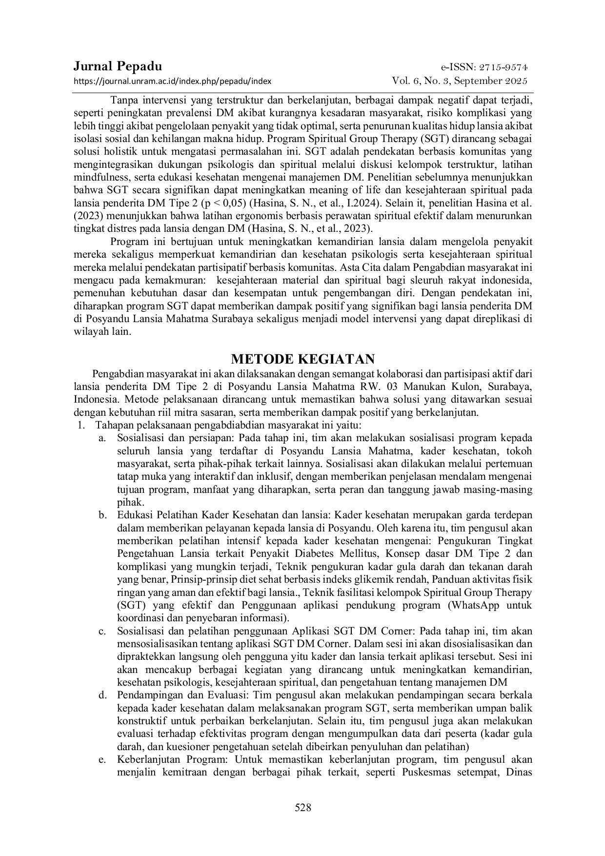 JURIS Meningkatkan Kemandirian Kesehatan Psikologis dan Kesejahteraan Spiritual Lansia Penderita Diabetes Mellitus DM Tipe 2 dengan Spiritual Group Therapy SGT