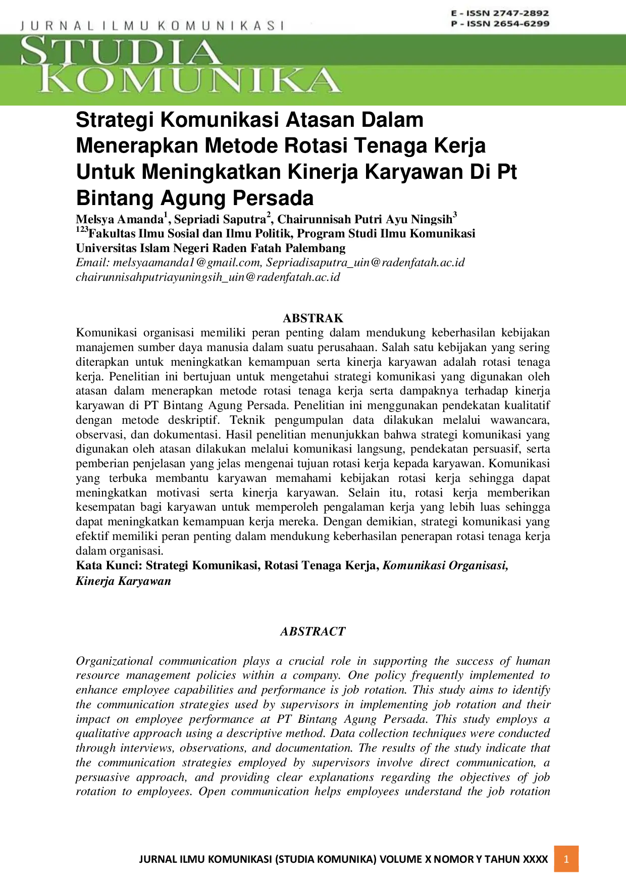 JURIS Strategi Komunikasi Atasan Dalam Menerapkan Metode Rotasi Tenaga Kerja Untuk Meningkatkan Kinerja Karyawan Di Pt Bintang Agung Persada