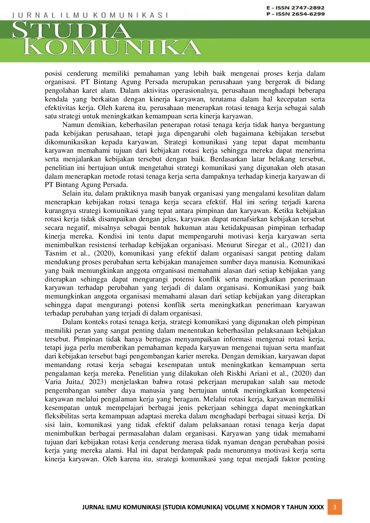 JURIS Strategi Komunikasi Atasan Dalam Menerapkan Metode Rotasi Tenaga Kerja Untuk Meningkatkan Kinerja Karyawan Di Pt Bintang Agung Persada