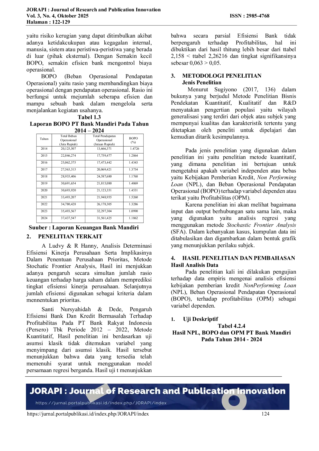 JURIS ANALISIS EFISIENSI KEBIJAKAN PEMBERIAN KREDIT NON PERFORMING LOAN NPL BEBAN OPERASIONAL PENDAPATAN OPERASIONAL BOPO TERHADAP PROFITABILITAS PADA PT BANK MANDIRI PERSERO Tbk PERIODE TAHUN 2014 2