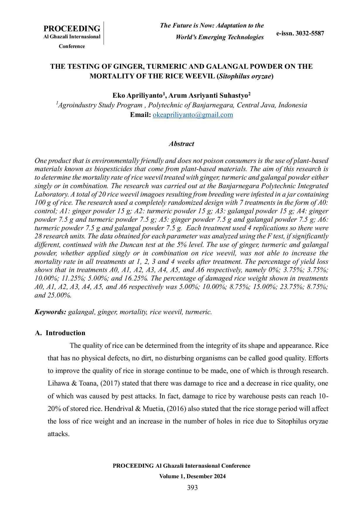 JURIS THE TESTING OF GINGER TURMERIC AND GALANGAL POWDER ON THE MORTALITY OF THE RICE WEEVIL Sitophilus oryzae