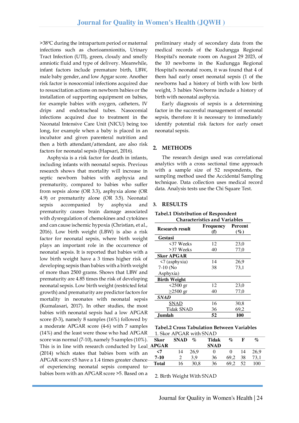 JURIS ANALISIS FAKTOR RISIKO TERJADI SEPSIS NEONATAL DINI DIAMATI DARI NILAI APGAR DAN BERAT LAHIR DI RUMAH SAKIT KUDUNGGA