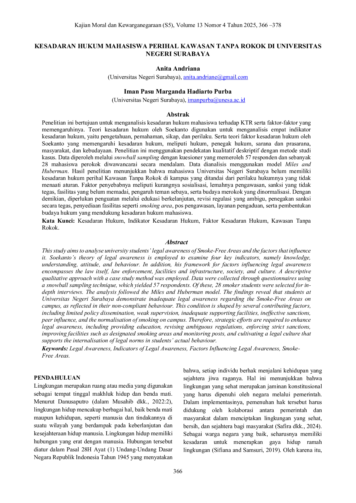 JURIS Kesadaran Hukum Mahasiswa Perihal Kawasan Tanpa Rokok di Universitas Negeri Surabaya