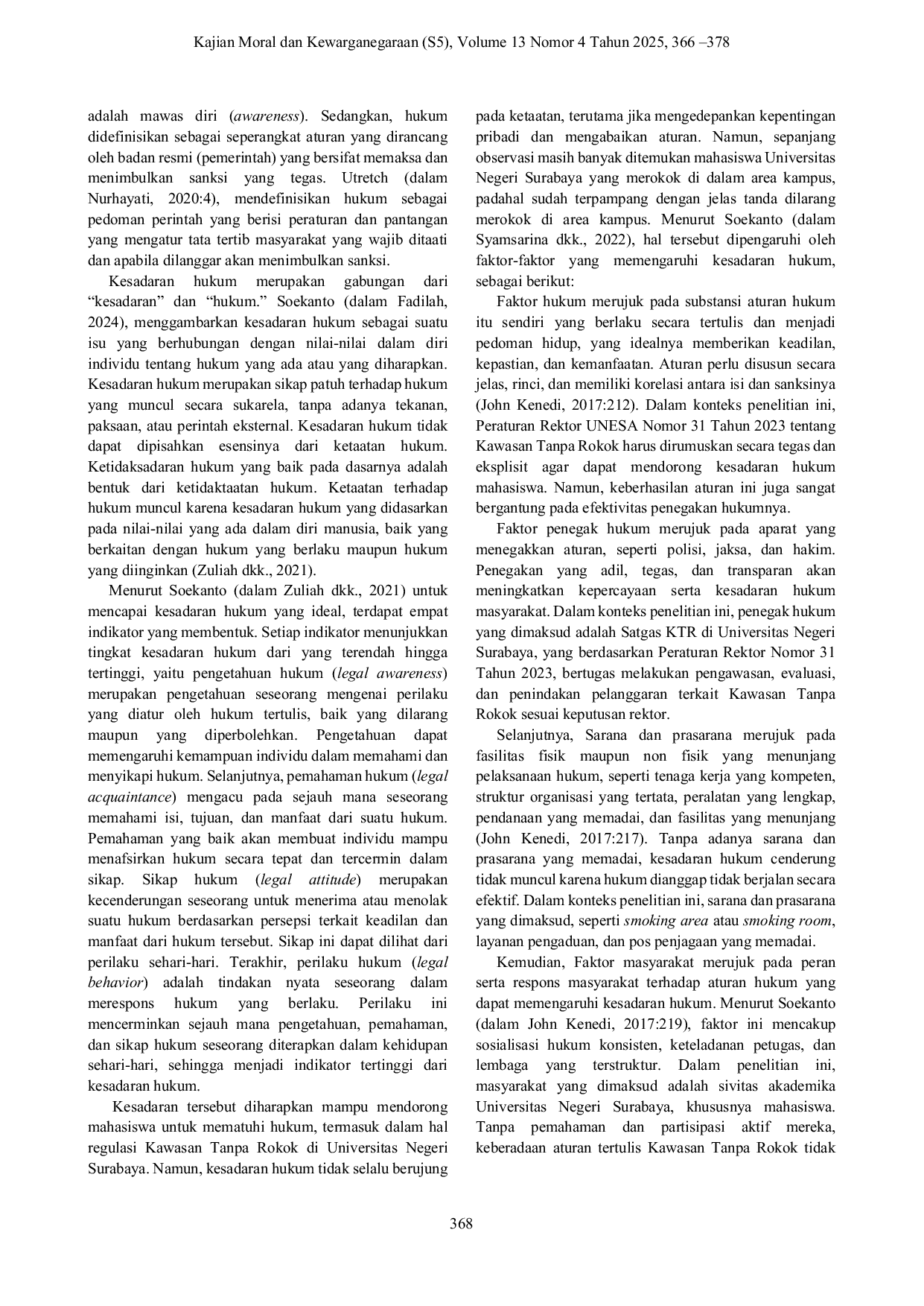 JURIS Kesadaran Hukum Mahasiswa Perihal Kawasan Tanpa Rokok di Universitas Negeri Surabaya