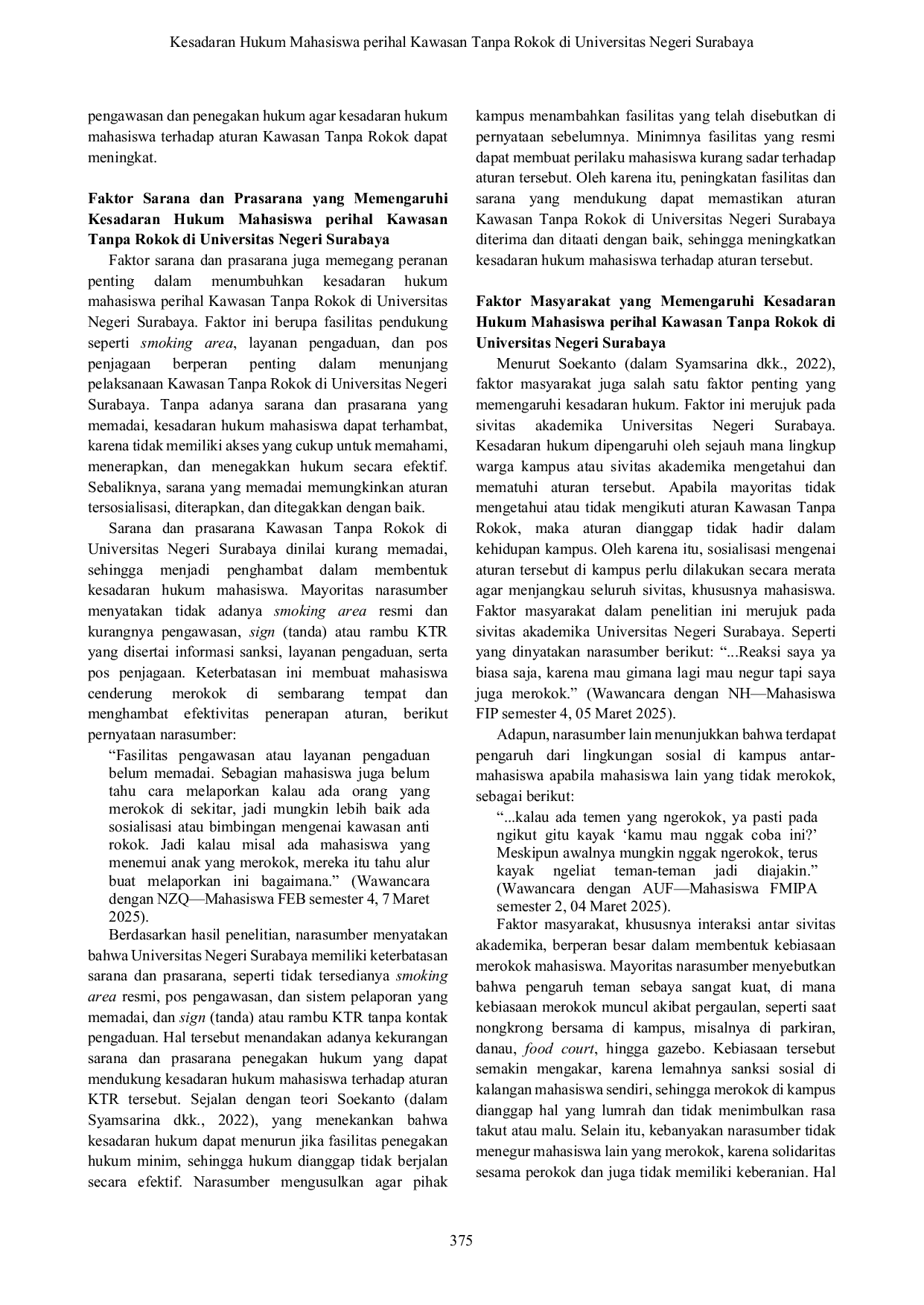 JURIS Kesadaran Hukum Mahasiswa Perihal Kawasan Tanpa Rokok di Universitas Negeri Surabaya