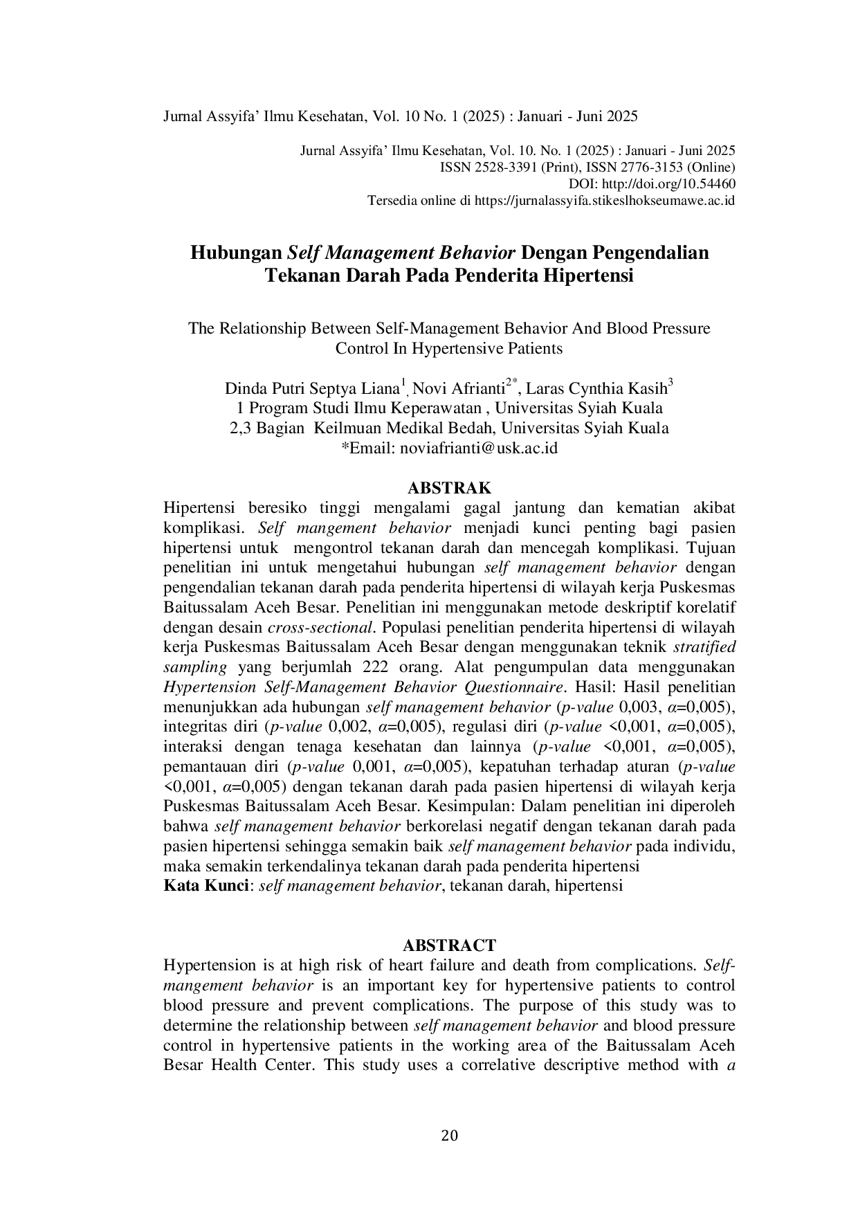 JURIS Hubungan Self Management Behavior Dengan Pengendalian Tekanan Darah Pada Penderita Hipertensi Di Wilayah Kerja Puskesmas Baitussalam Aceh Besar
