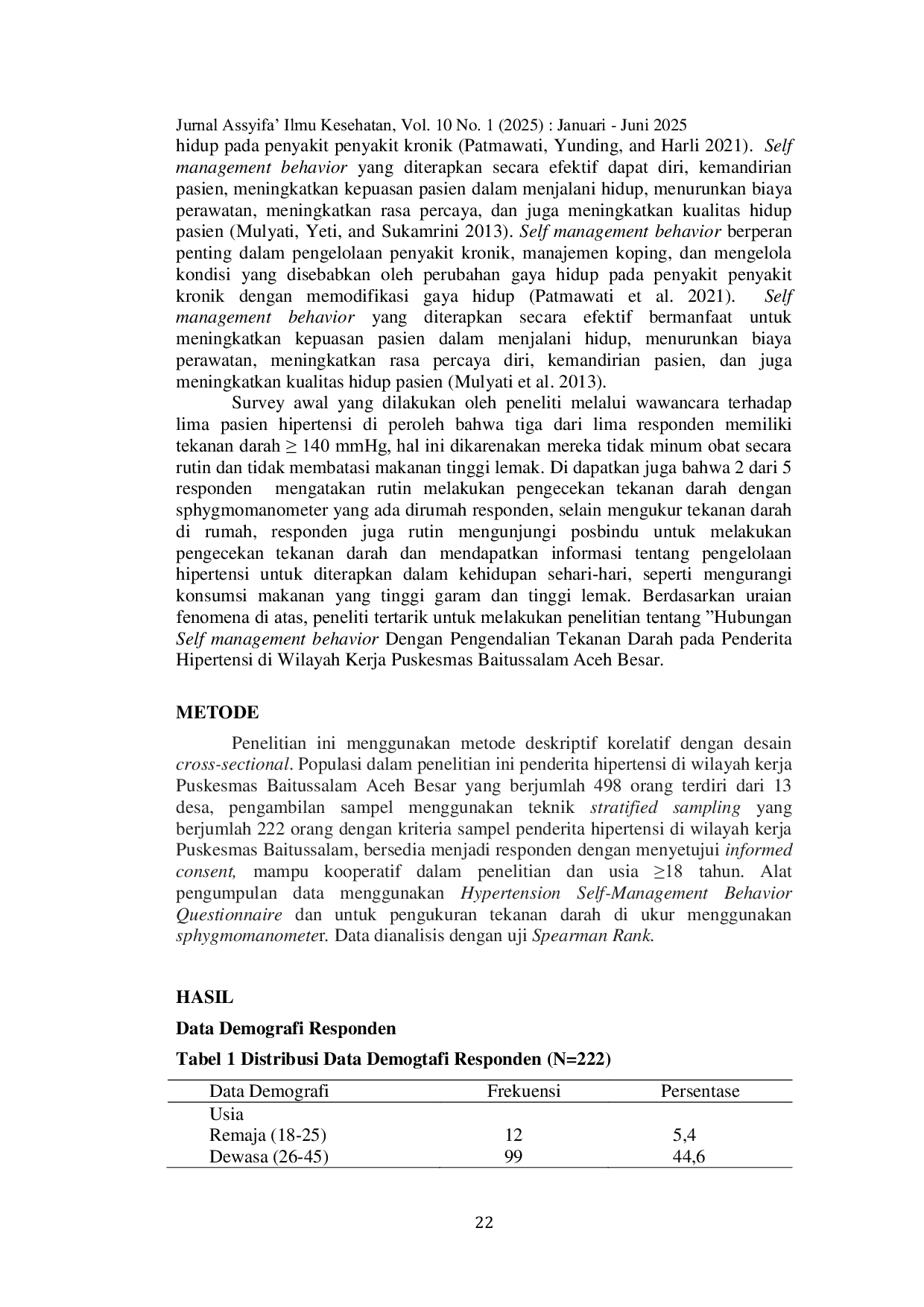 JURIS Hubungan Self Management Behavior Dengan Pengendalian Tekanan Darah Pada Penderita Hipertensi Di Wilayah Kerja Puskesmas Baitussalam Aceh Besar