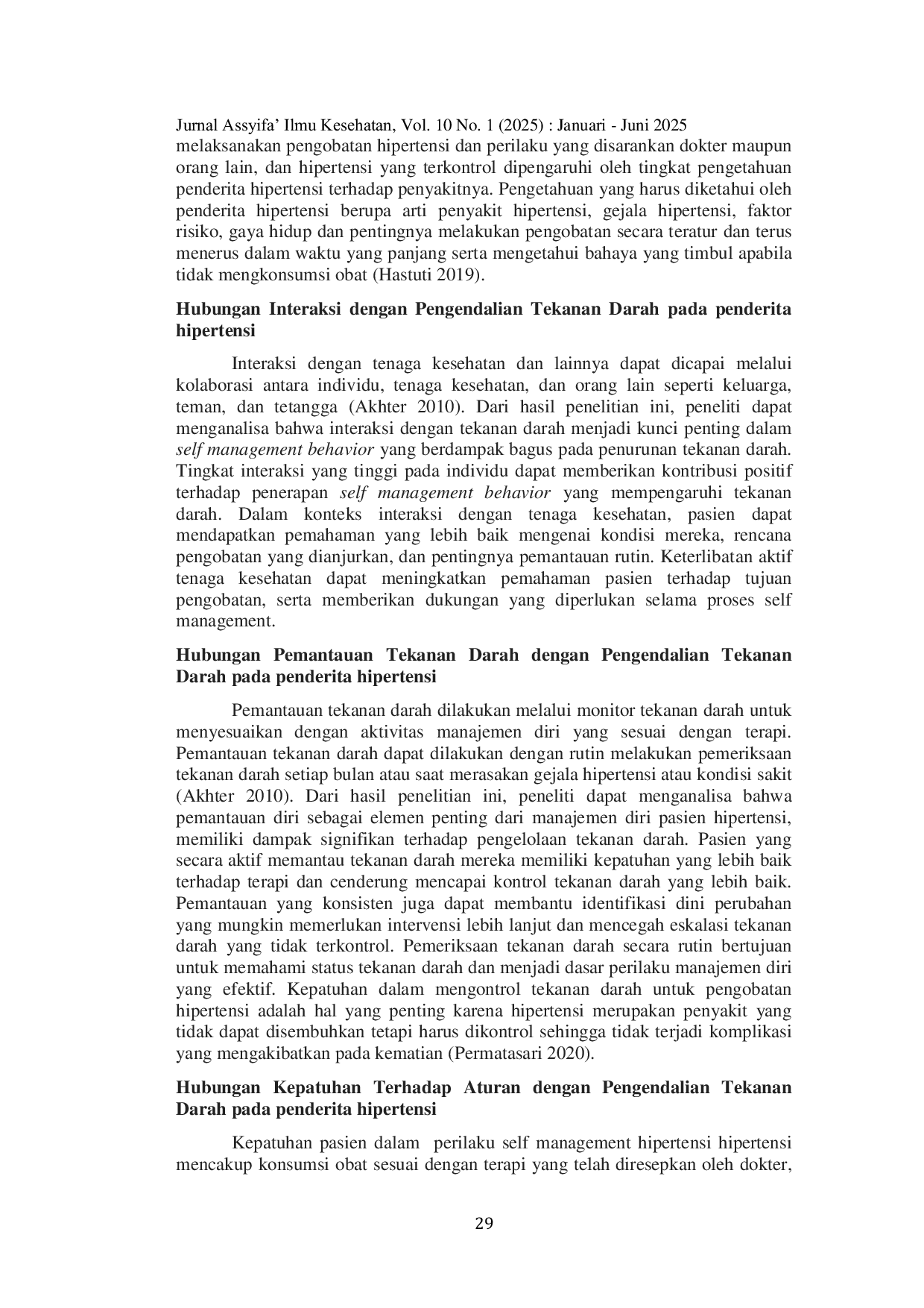 JURIS Hubungan Self Management Behavior Dengan Pengendalian Tekanan Darah Pada Penderita Hipertensi Di Wilayah Kerja Puskesmas Baitussalam Aceh Besar