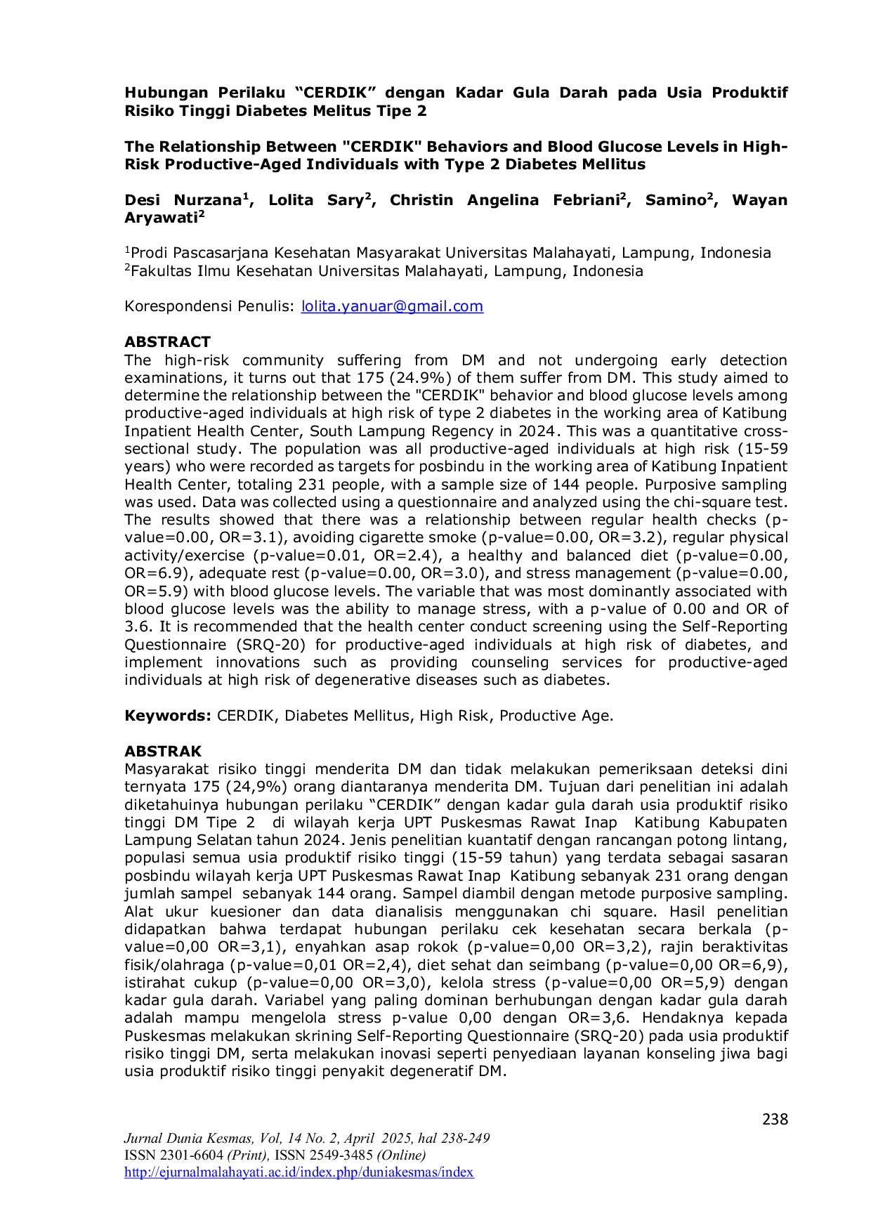 JURIS Hubungan Perilaku CERDIK dengan Kadar Gula Darah pada Usia Produktif Risiko Tinggi Diabetes Melitus Tipe 2