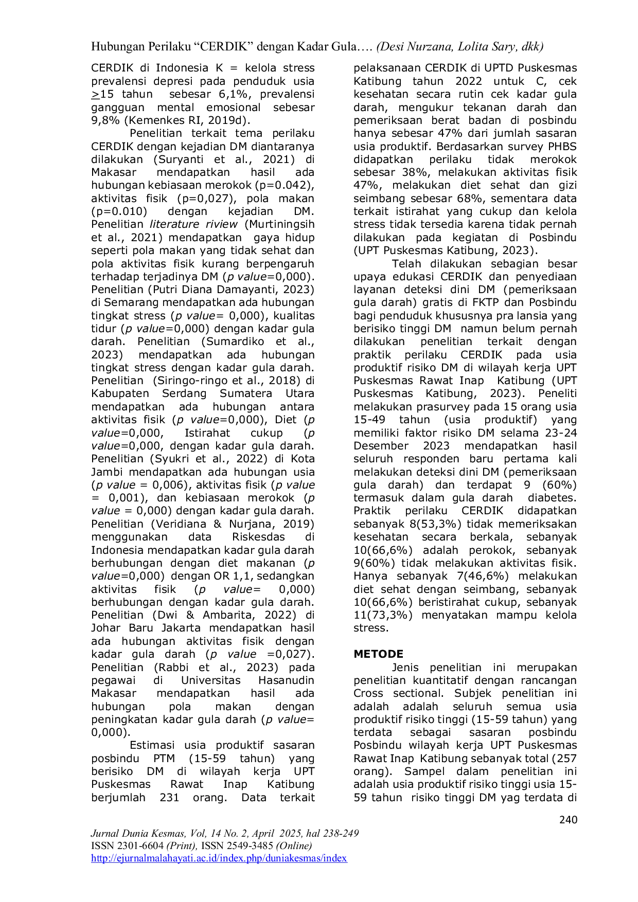 JURIS Hubungan Perilaku CERDIK dengan Kadar Gula Darah pada Usia Produktif Risiko Tinggi Diabetes Melitus Tipe 2