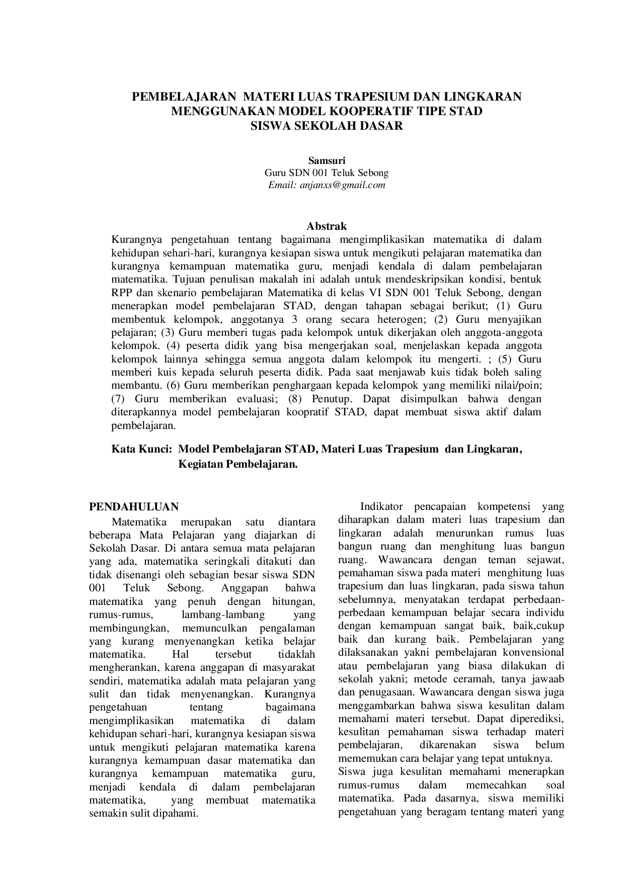 juris Pembelajaran Materi Luas Trapesium dan Lingkaran Menggunakan Model Kooperatif Tipe STAD Siswa Sekolah Dasar