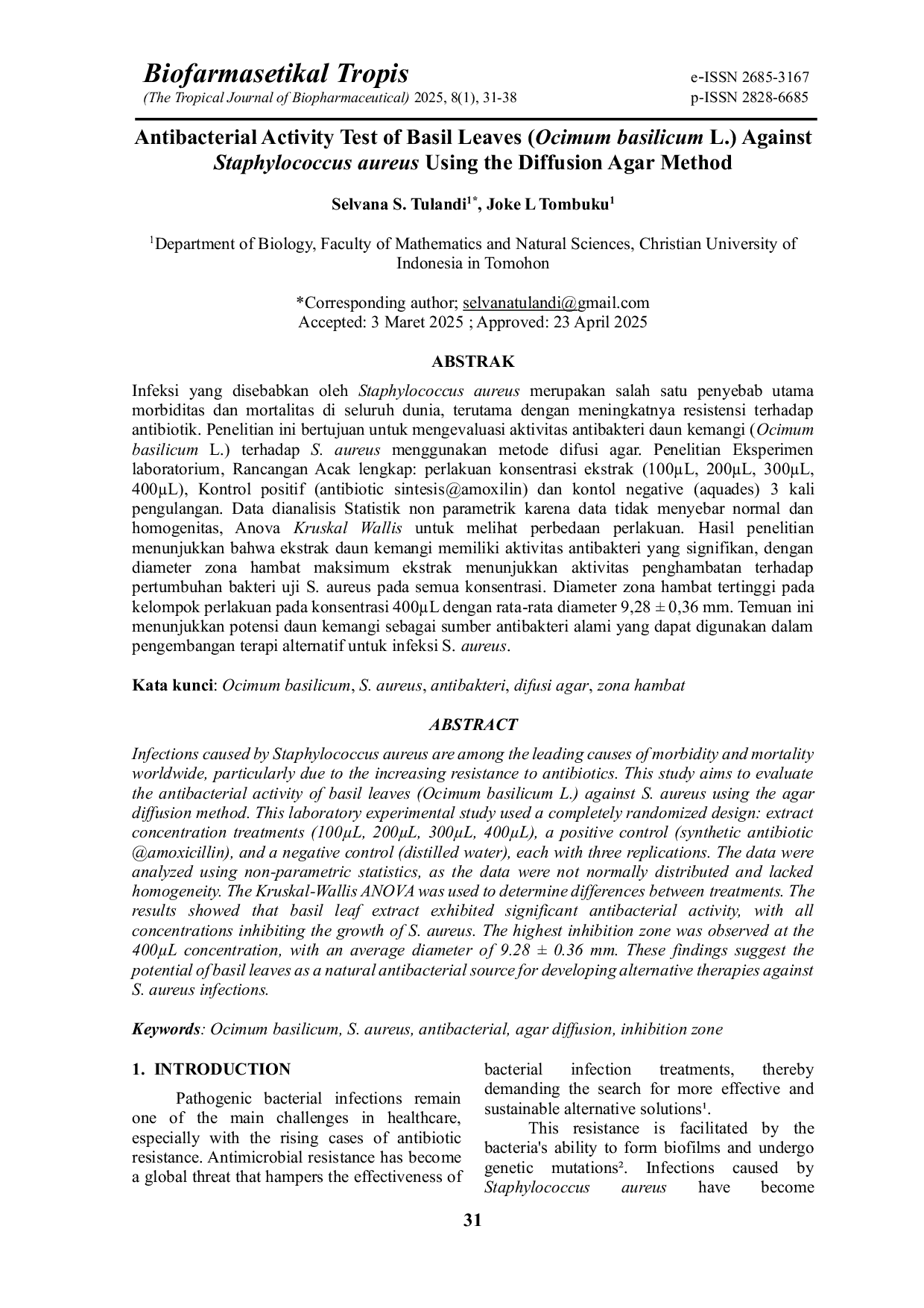 JURIS Antibacterial Activity Test of Basil Leaves Ocimum basilicum L Against Staphylococcus aureus Using the Diffusion Agar Method