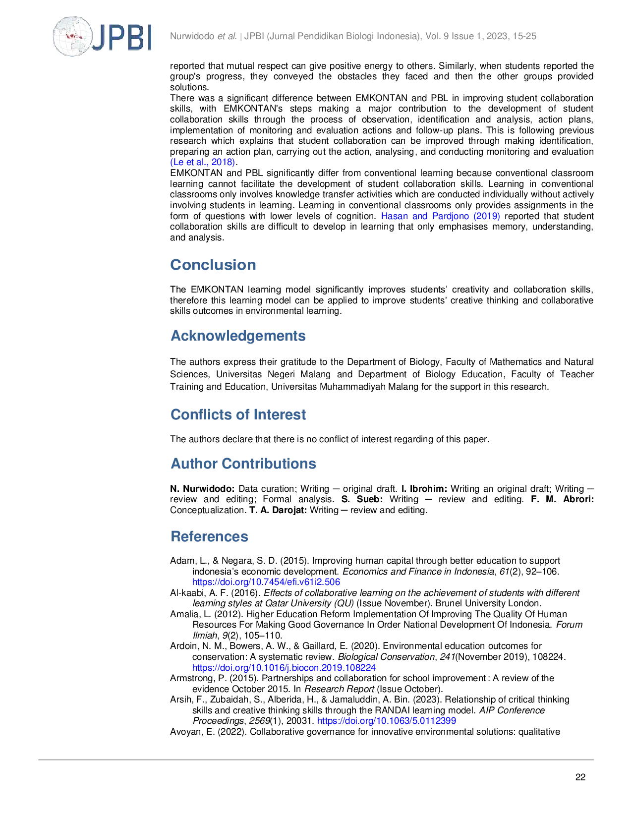 JURIS Improving the creative thinking and collaborative skills of prospective biology teachers using the EMKONTAN learning model in environmental science courses