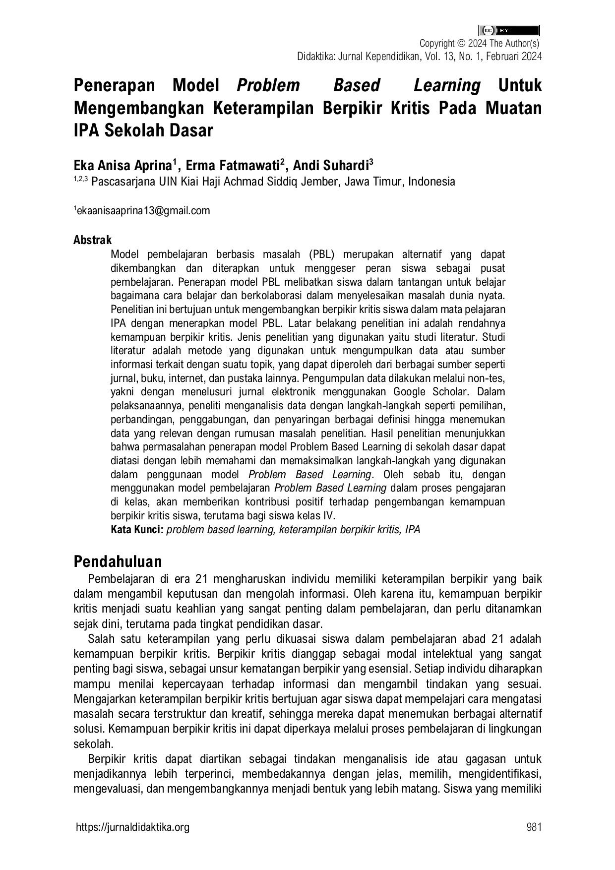 JURIS Penerapan Model Problem Based Learning Untuk Mengembangkan Keterampilan Berpikir Kritis Pada Muatan IPA Sekolah Dasar
