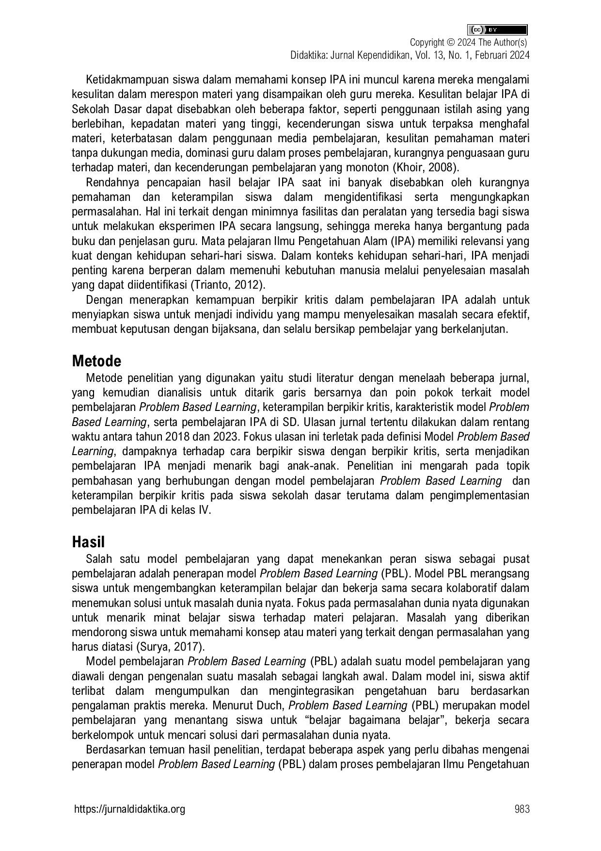 JURIS Penerapan Model Problem Based Learning Untuk Mengembangkan Keterampilan Berpikir Kritis Pada Muatan IPA Sekolah Dasar
