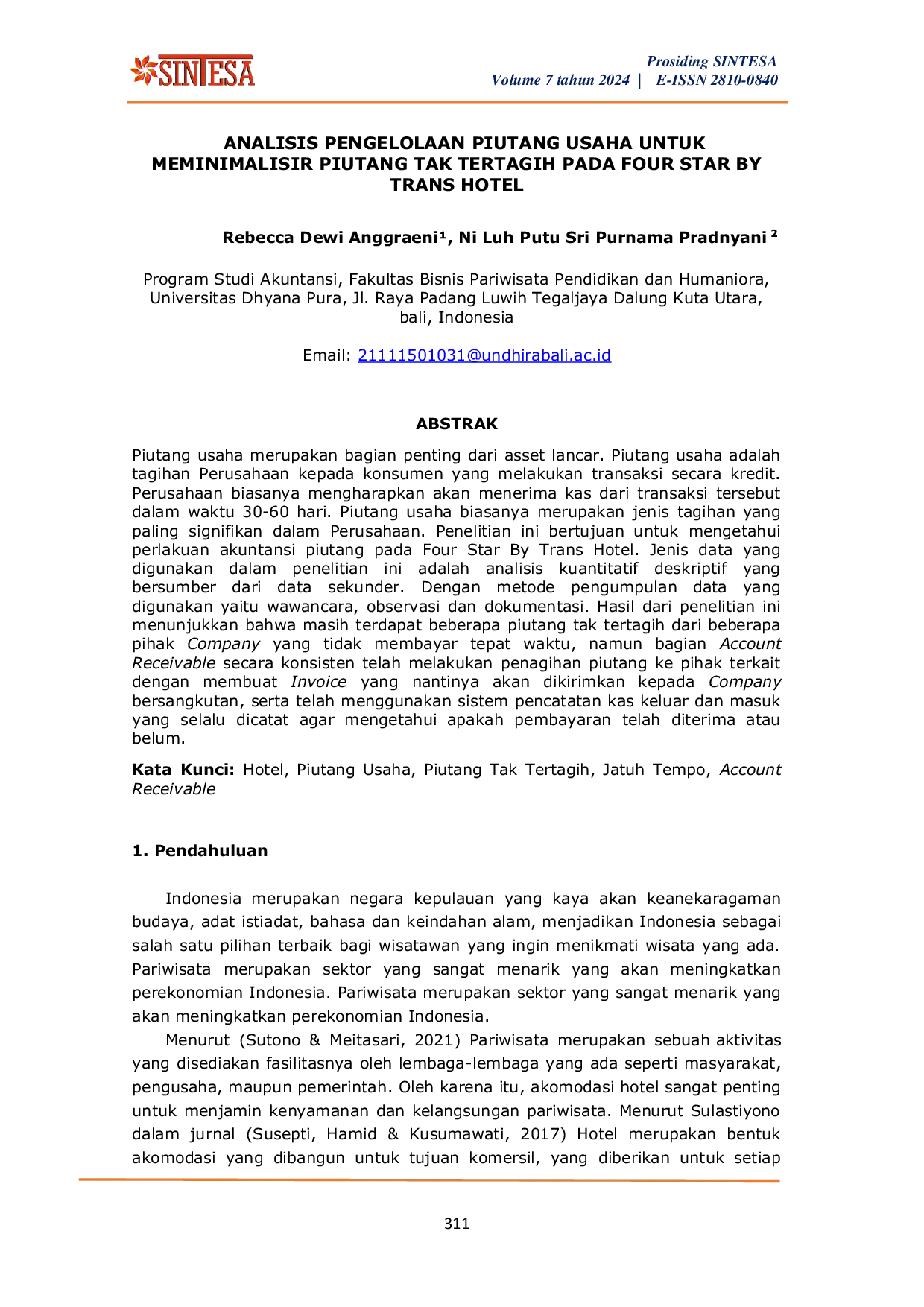 JURIS Analisis Pengelolaan Piutang Usaha Untuk Meminimalisir Piutang Tak Tertagih Pada Four Star By Trans Hotel