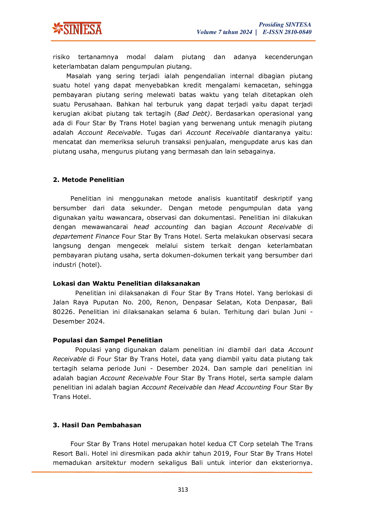 JURIS Analisis Pengelolaan Piutang Usaha Untuk Meminimalisir Piutang Tak Tertagih Pada Four Star By Trans Hotel