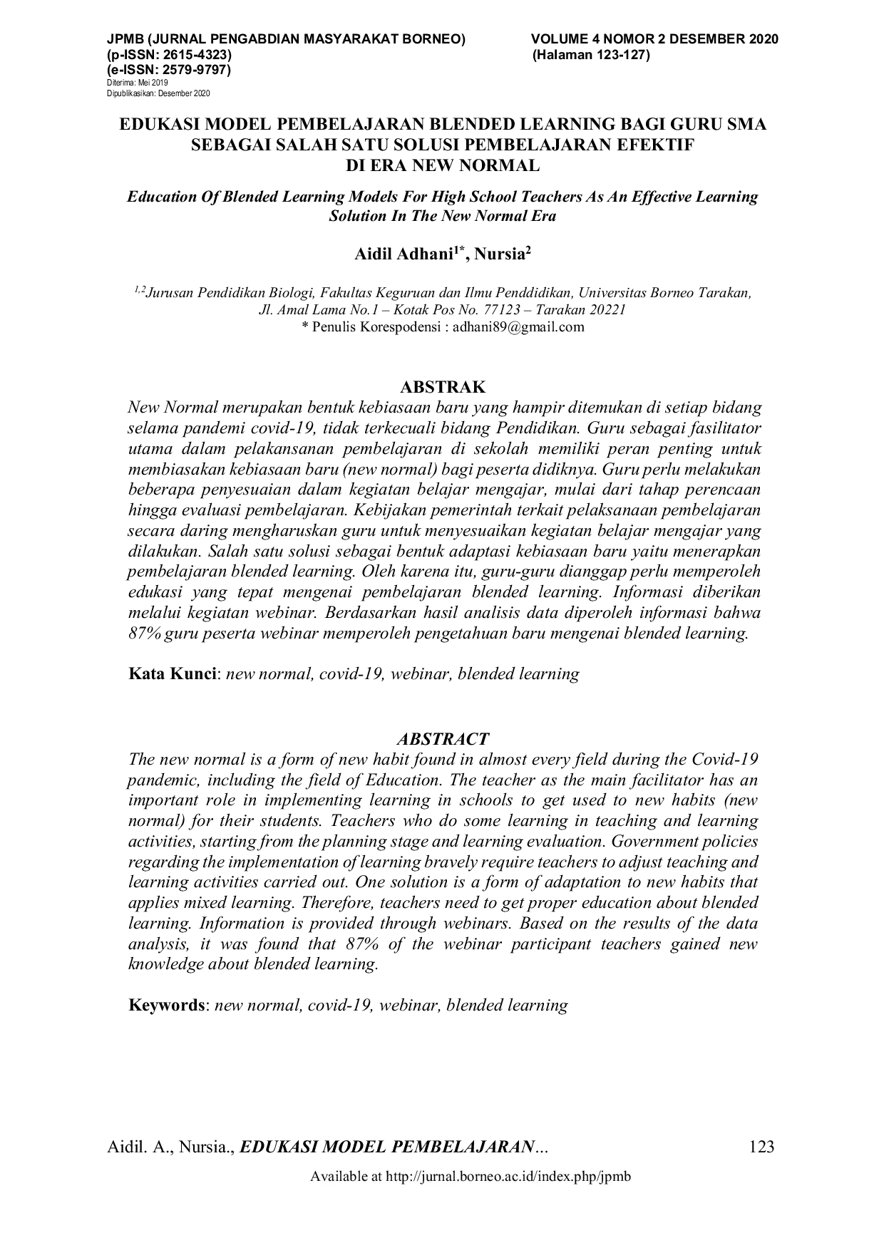 JURIS Edukasi Model Pembelajaran Blended Learning Bagi Guru SMA Sebagai Salah Satu Solusi Pembelajaran Efektif Di Era New Normal