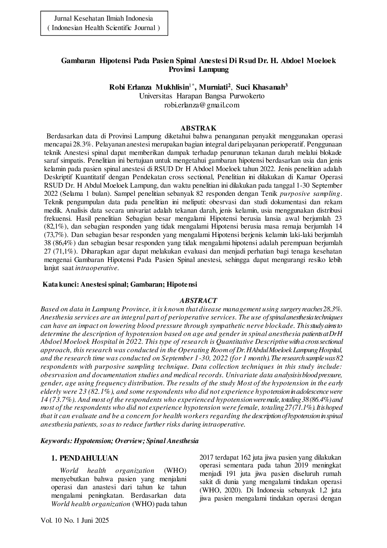 JURIS Gambaran Hipotensi Pada Pasien Spinal Anestesi Di Rsud Dr H Abdoel Moeloek Provinsi Lampung
