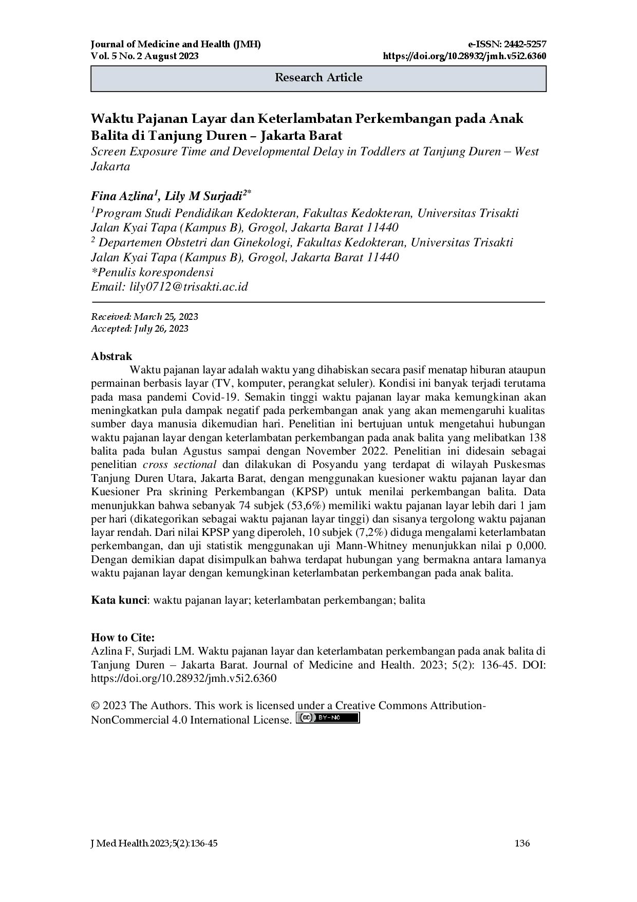 juris Waktu Pajanan Layar dan Keterlambatan Perkembangan pada Anak Balita di Tanjung Duren Jakarta Barat