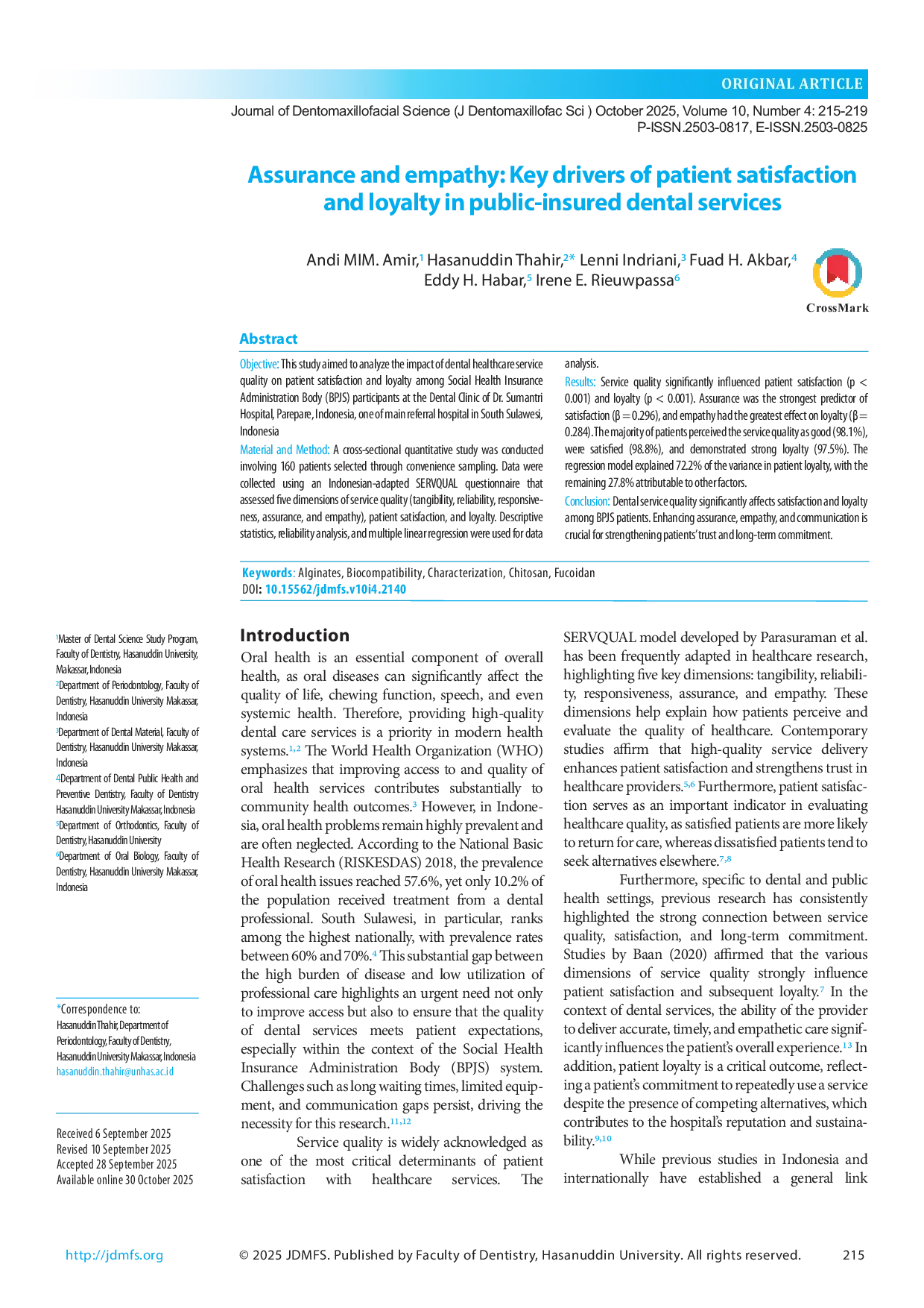 JURIS Assurance and empathy Key drivers of patient satisfaction and loyalty in public insured dental services
