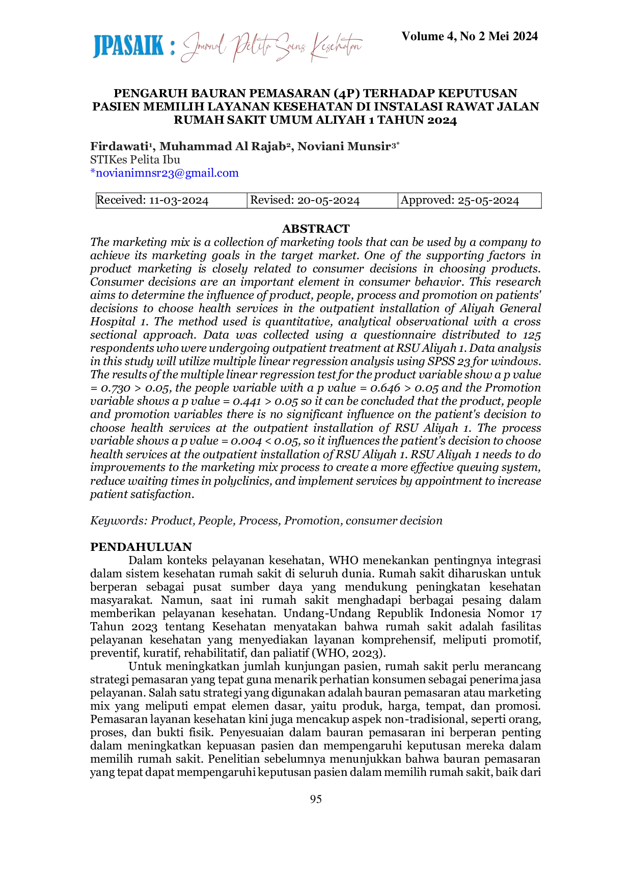 JURIS Pengaruh Bauran Pemasaran 4P Terhadap Keputusan Pasien Memilih Layanan Kesehatan di Instalasi Rawat Jalan Rumah Sakit Umum Aliyah 1 Tahun 2024