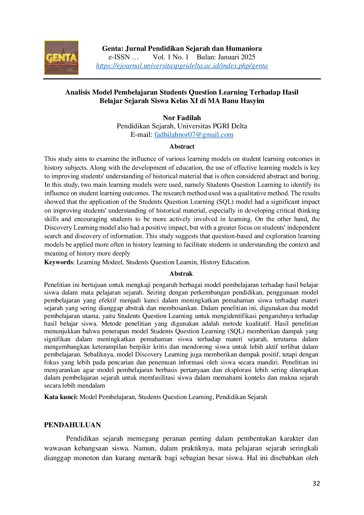 JURIS Analisis Model Pembelajaran Students Question Learning Terhadap Hasil Belajar Sejarah Siswa Kelas XI di MA Banu Hasyim