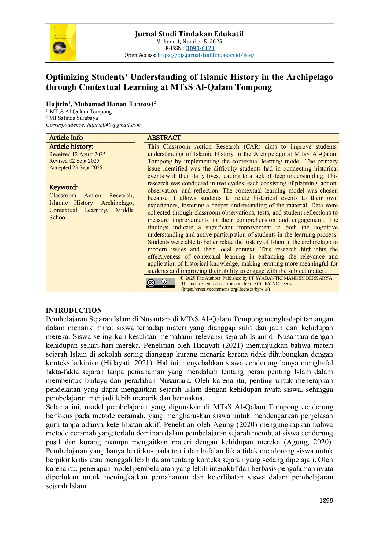 JURIS Optimizing Students Understanding of Islamic History in the Archipelago through Contextual Learning at MTsS Al Qalam Tompong