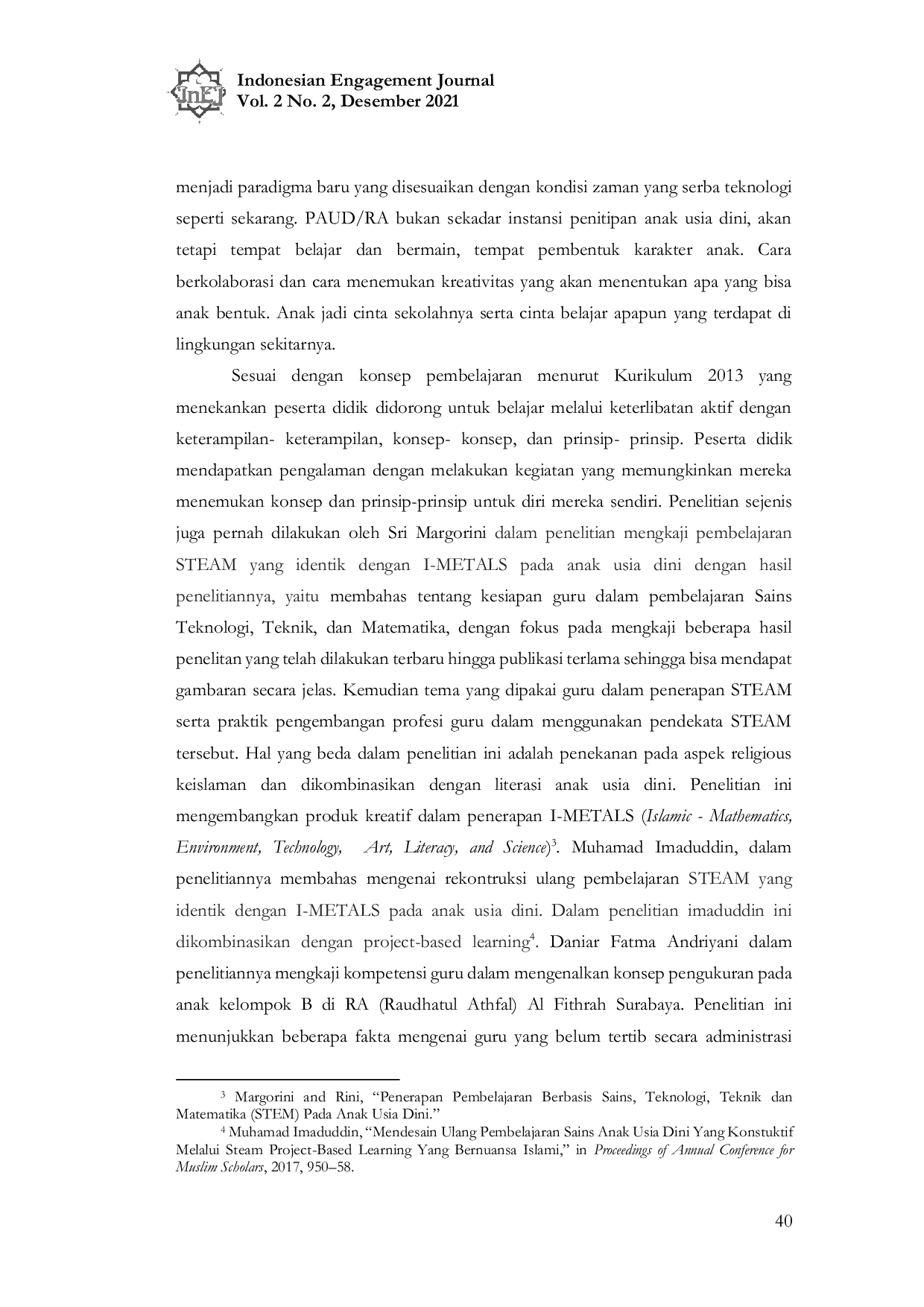 JURIS Membangun Ilmuwan Cilik Melalui Integrasi Pembelajaran I Metals Islamic Mathematics Environment Technology Art Literacy And Science Di Raudhatul Athfal Badegan Ponorogo