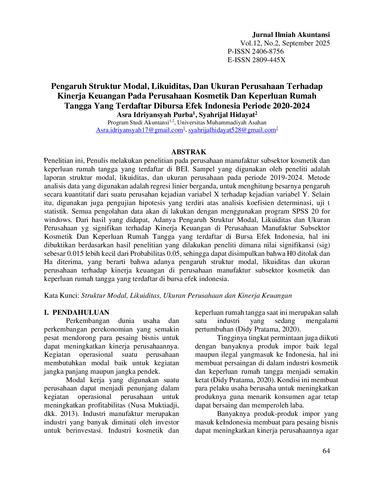 JURIS Pengaruh Struktur Modal Likuiditas Dan Ukuran Perusahaan Terhadap Kinerja Keuangan Pada Perusahaan Kosmetik Dan Keperluan Rumah Tangga Yang Terdaftar Dibursa Efek Indonesia Periode 2020 2024