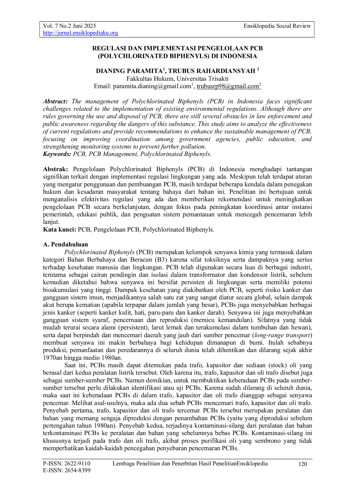 JURIS Regulasi dan Implementasi Pengelolaan PCB Polychlorinated Biphenyls di Indonesia