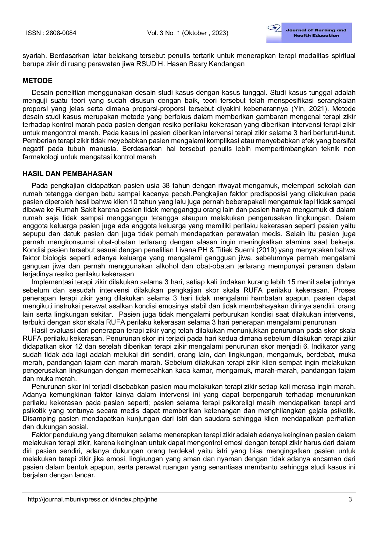 JURIS Analysis of Nursing Care in Patients at Risk of Violent Behavior Application of Zikir Therapy Intervention
