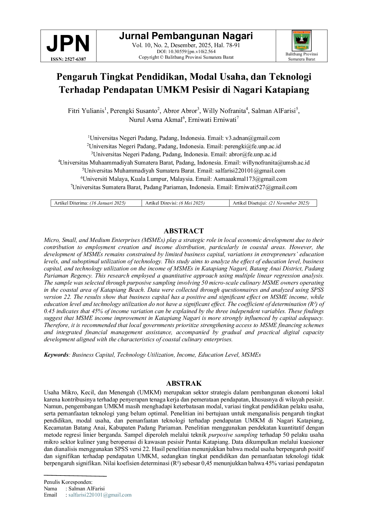 JURIS Pengaruh Tingkat Pendidikan Modal Usaha dan Teknologi Terhadap Pendapatan UMKM Pesisir di Nagari Katapiang