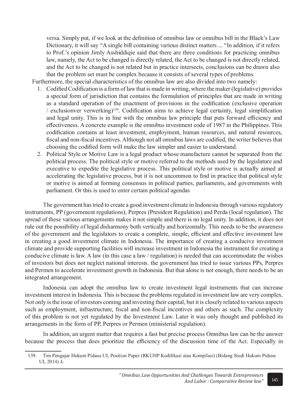 JURIS Omnibus Law Opportunities and Challenges Towards Entrepreneurs and Labor Comparative Review Law