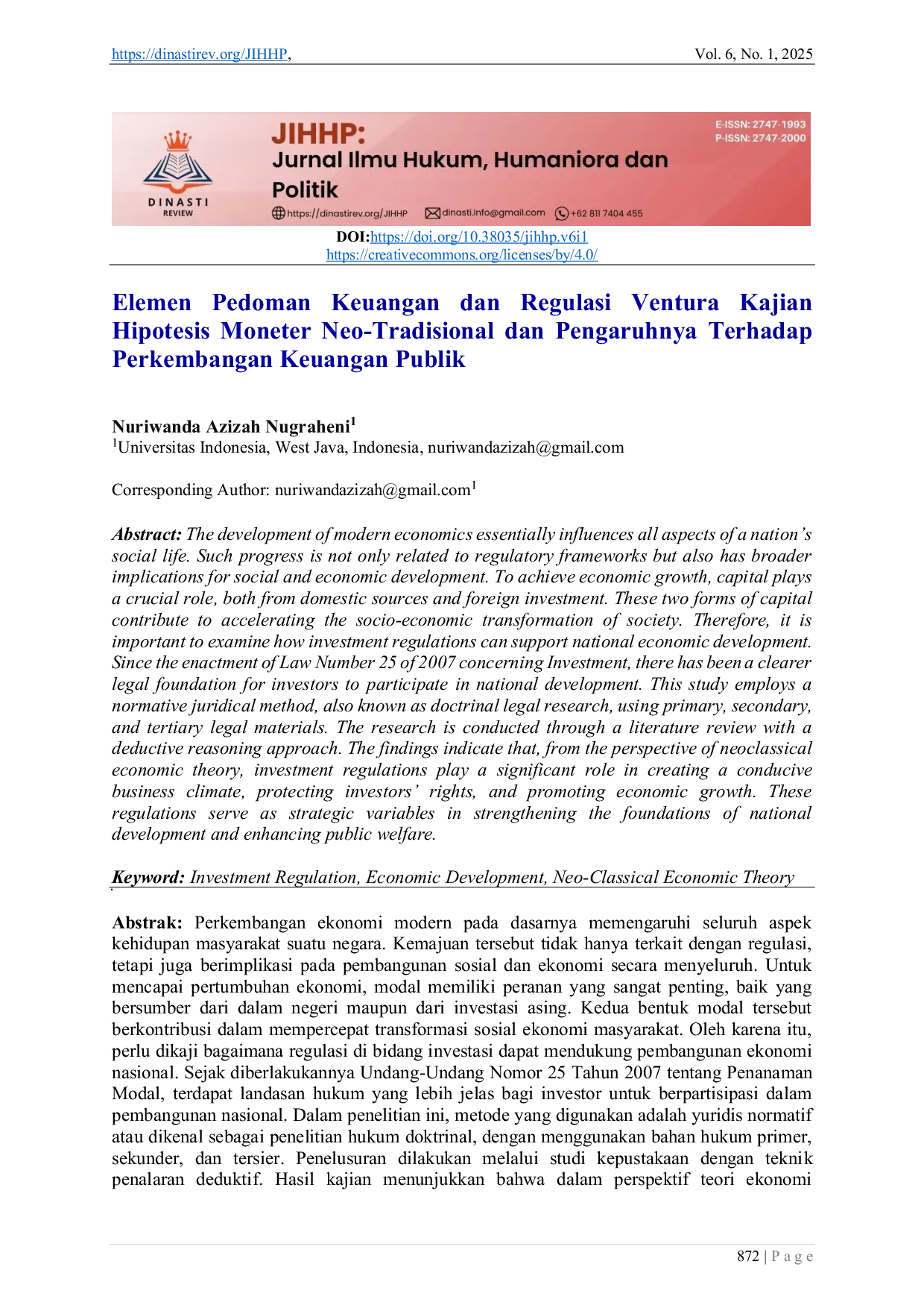 JURIS Elemen Pedoman Keuangan dan Regulasi Ventura Kajian Hipotesis Moneter Neo Tradisional dan Pengaruhnya Terhadap Perkembangan Keuangan Publik