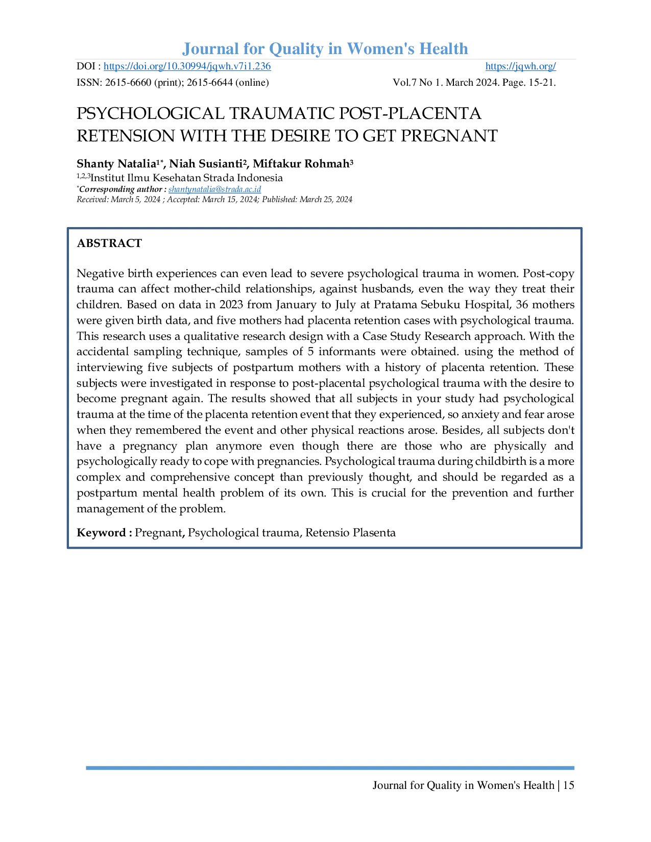 JURIS Psychological Traumatic Post Placenta Retension With The Desire To Get Pregnant