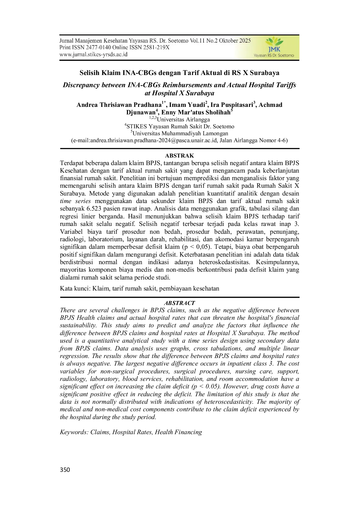JURIS Selisih Klaim INA CBGs dengan Tarif Rumah Sakit Aktual di RS X Surabaya