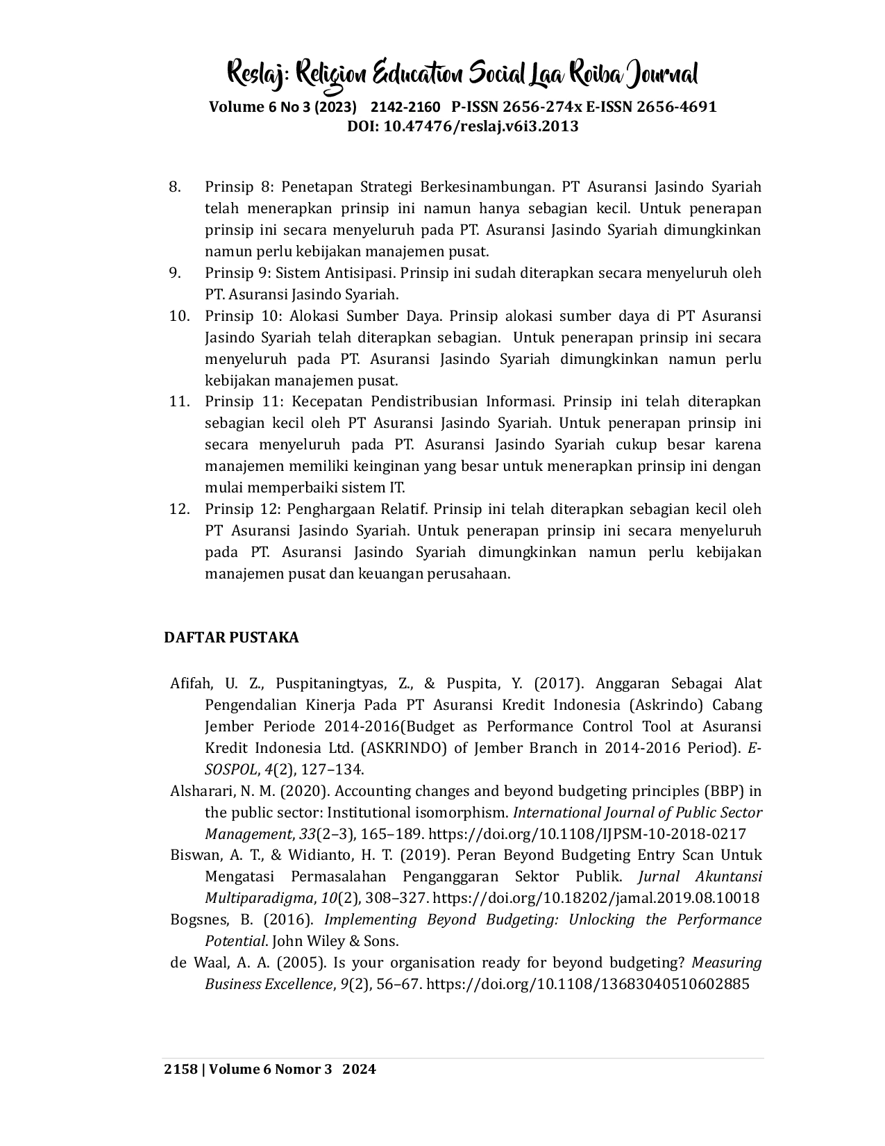 JURIS Peluang Penerapan Beyond Budgeting Sebagai Upaya Optimalisasi Manajemen Perusahaan Studi Kasus PT Asuransi Jasindo Syariah