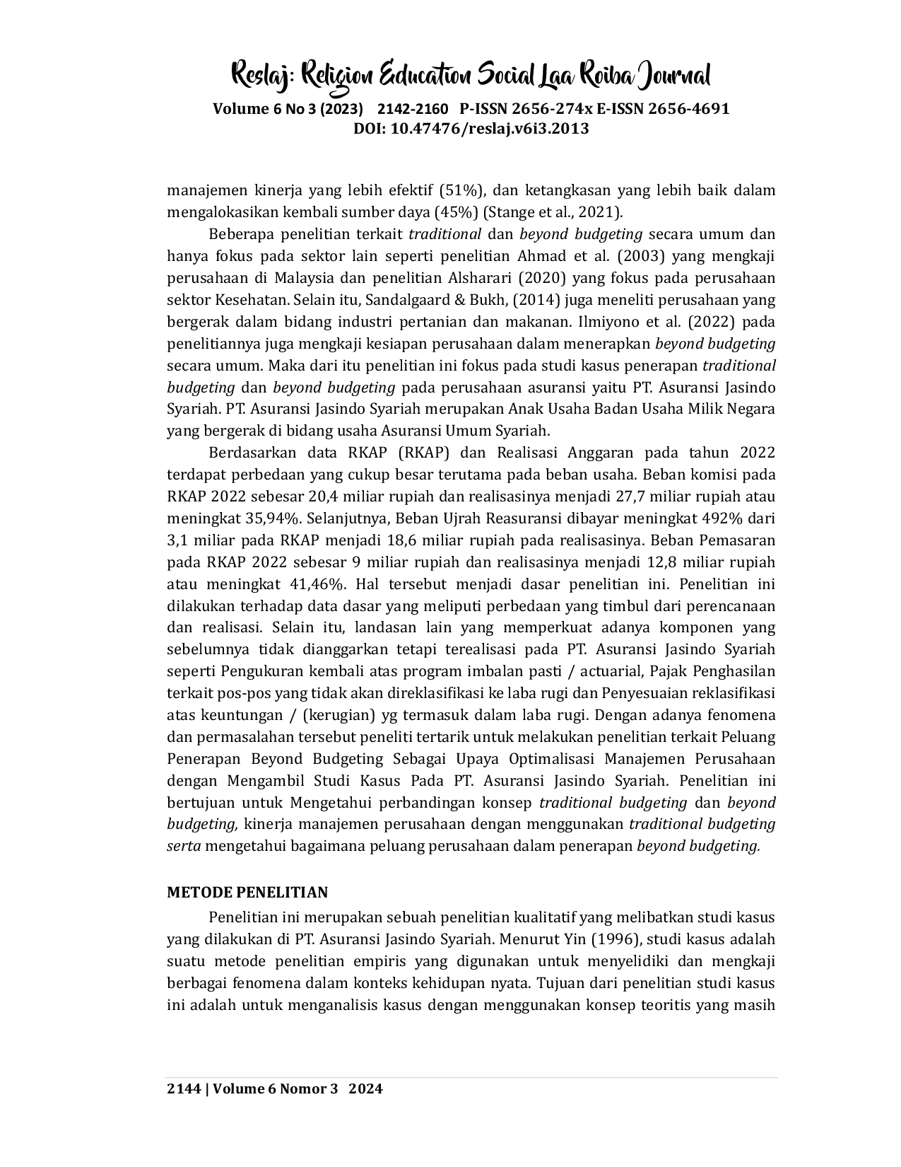 JURIS Peluang Penerapan Beyond Budgeting Sebagai Upaya Optimalisasi Manajemen Perusahaan Studi Kasus PT Asuransi Jasindo Syariah