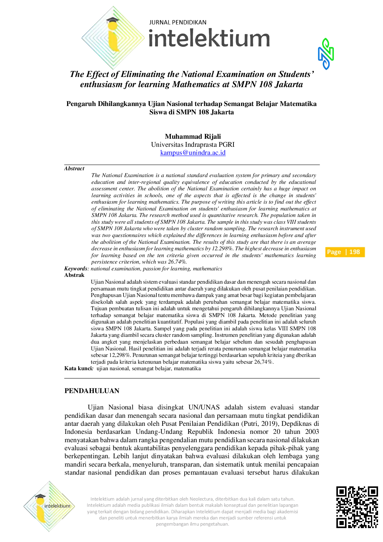 JURIS The Effect of Eliminating the National Examination on Students Enthusiasm for Learning Mathematics at SMPN 108 Jakarta