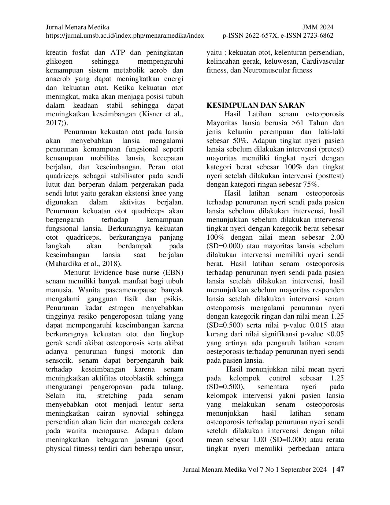 JURIS Pengaruh Senam Osteoporosis Terhadap Penurunan Nyeri Sendi Pada Lansia