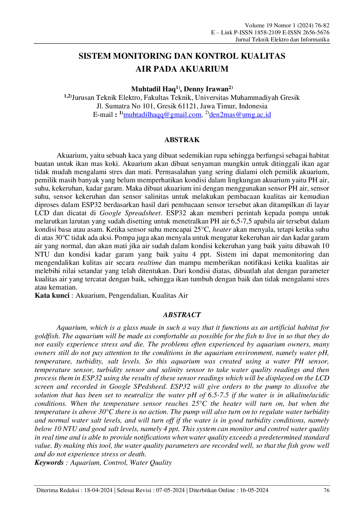 JURIS Sistem Monitoring dan Kontrol Kualitas Air pada Akuarium