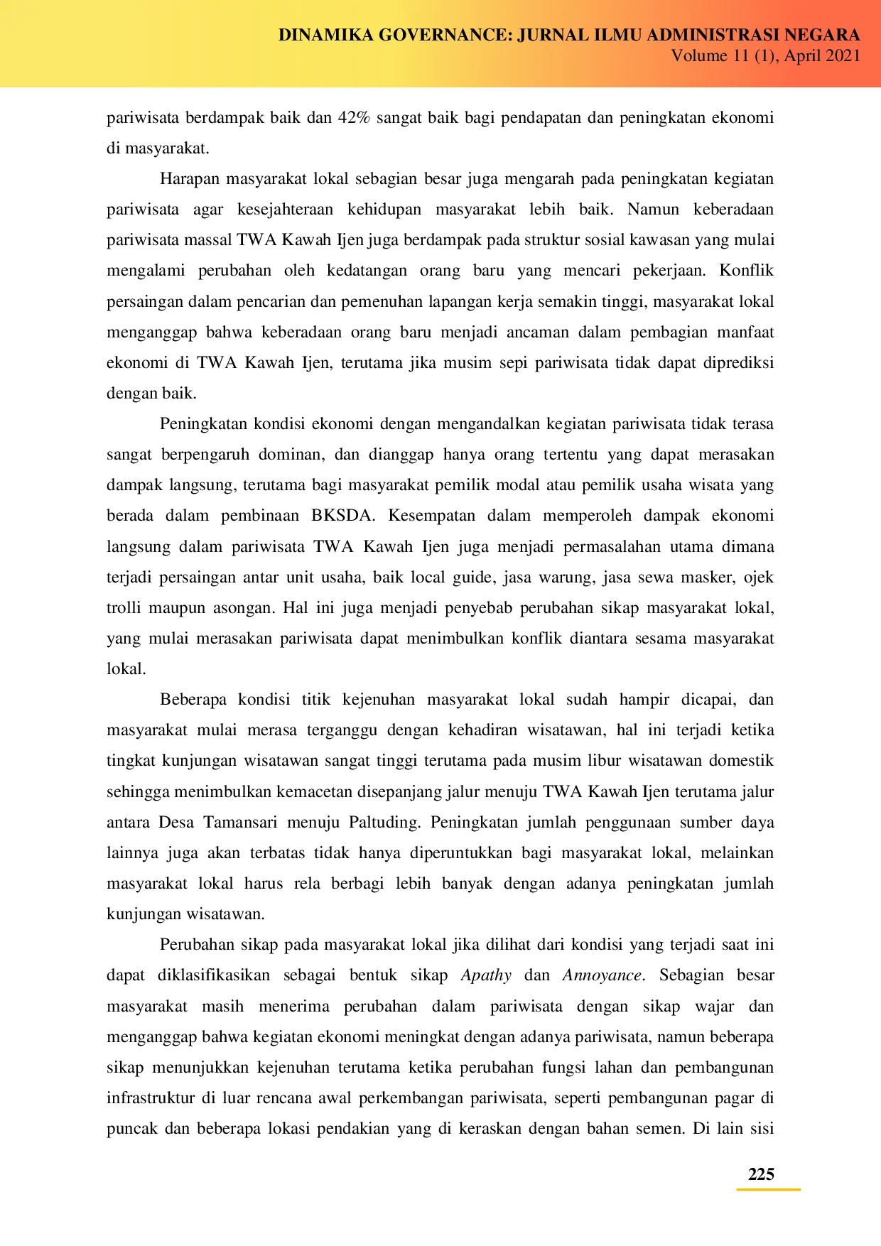 juris Dampak Pariwisata Terhadap Perubahan Sikap Masyarakat Desa Penyangga Taman Wisata Alam Kawah Ijen