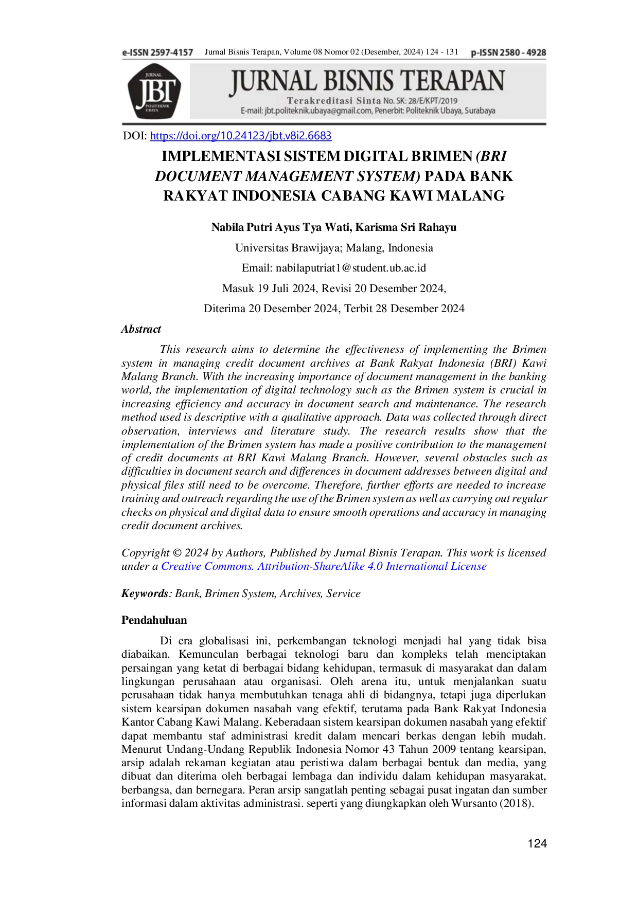 JURIS Implementasi Sistem Digital Brimen Bri Document Management System Pada Bank Rakyat Indonesia Cabang Kawi Malang